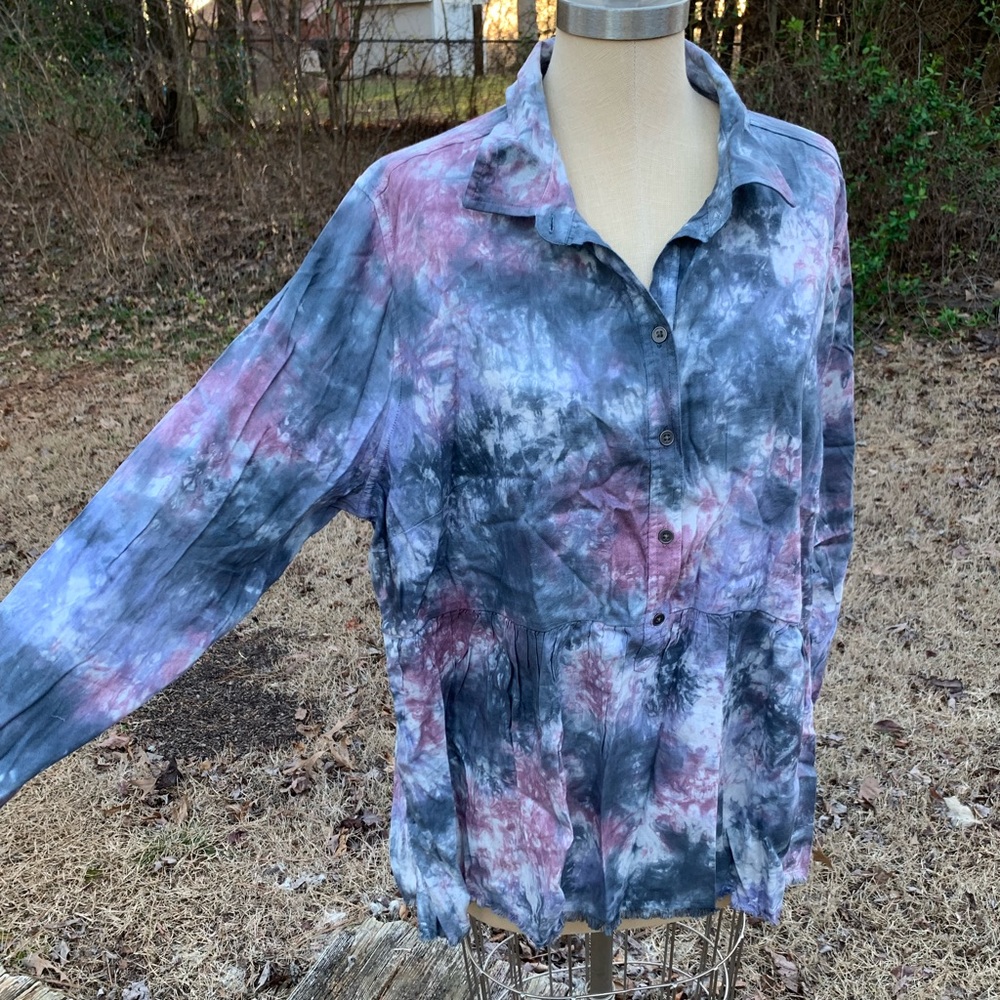 Tie Dye Ruffle Half Button-Up - Picture 2 of 16